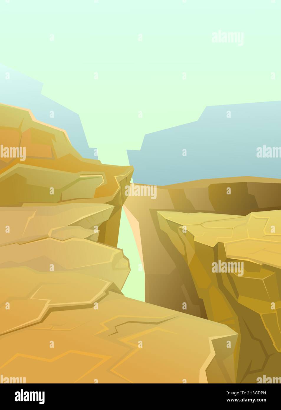 Rocky cliffs. The edge of a bottomless abyss. Mountain fog. Desert natural landscape with stones. Illustration in cartoon style flat design. Vector Stock Vector