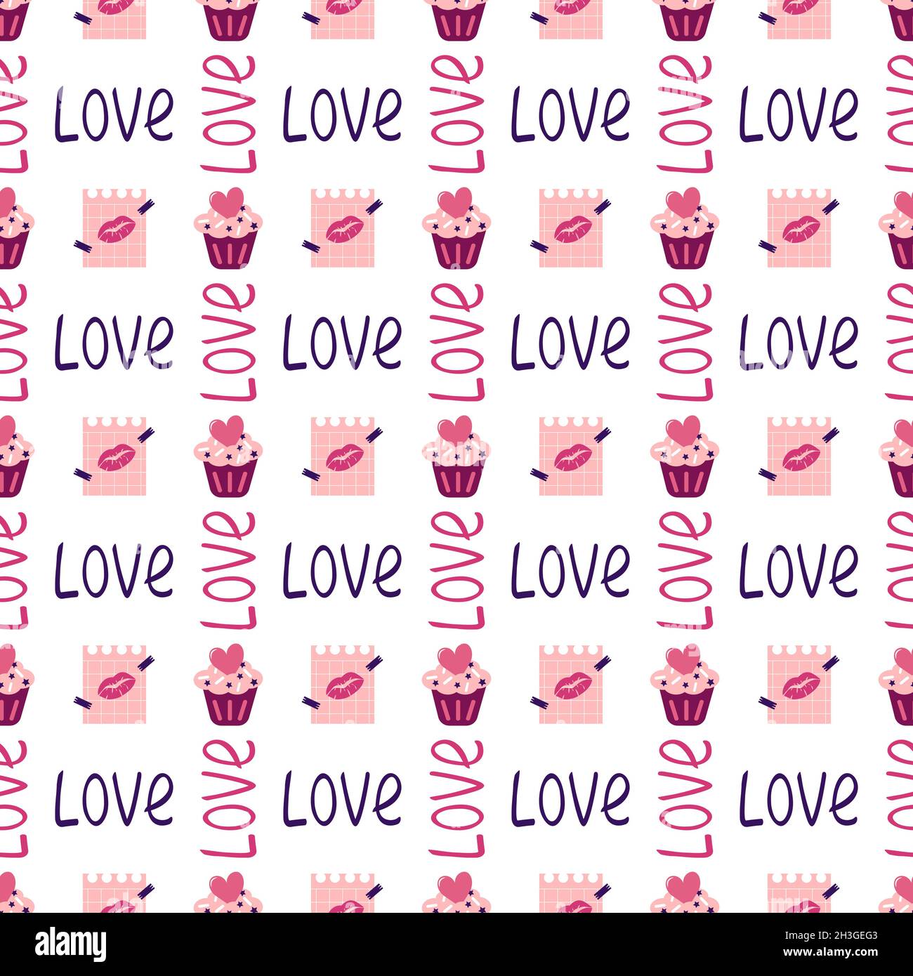 Valentine day seamless pattern with cake, hearts, word love and