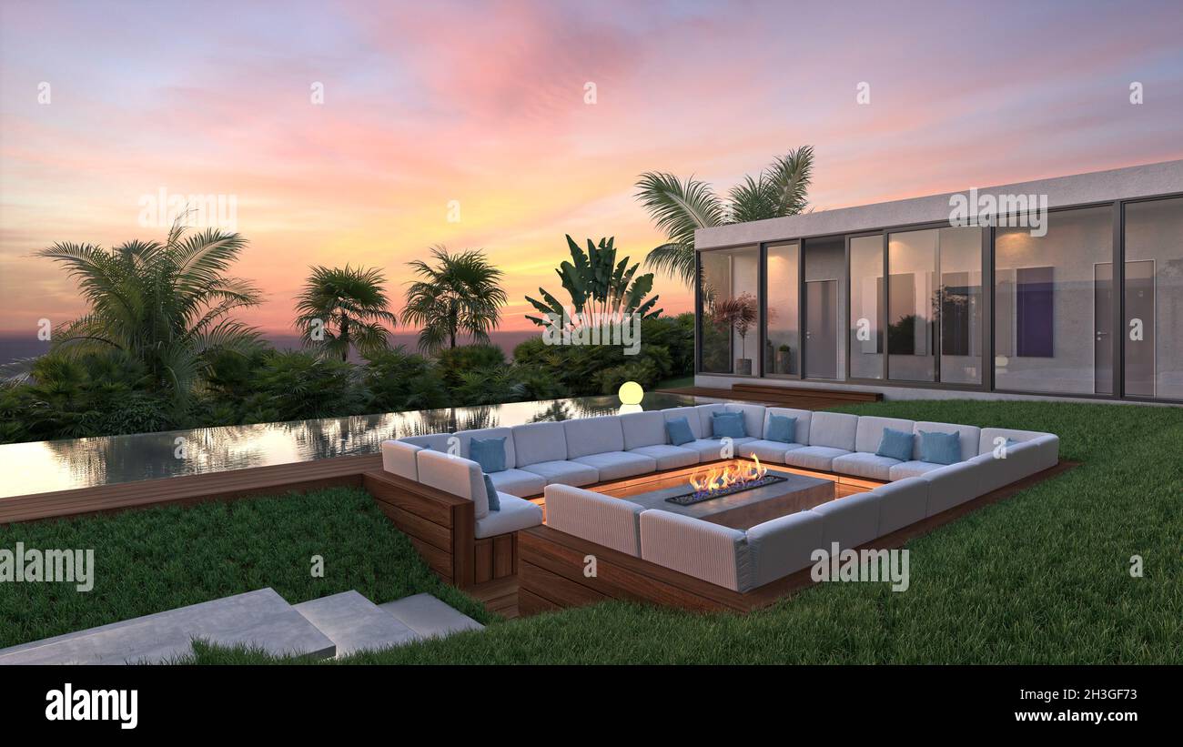 3D Rendering of contemporary luxury villa with panorama on the sea, swimming pool and exterior fireplace Stock Photo