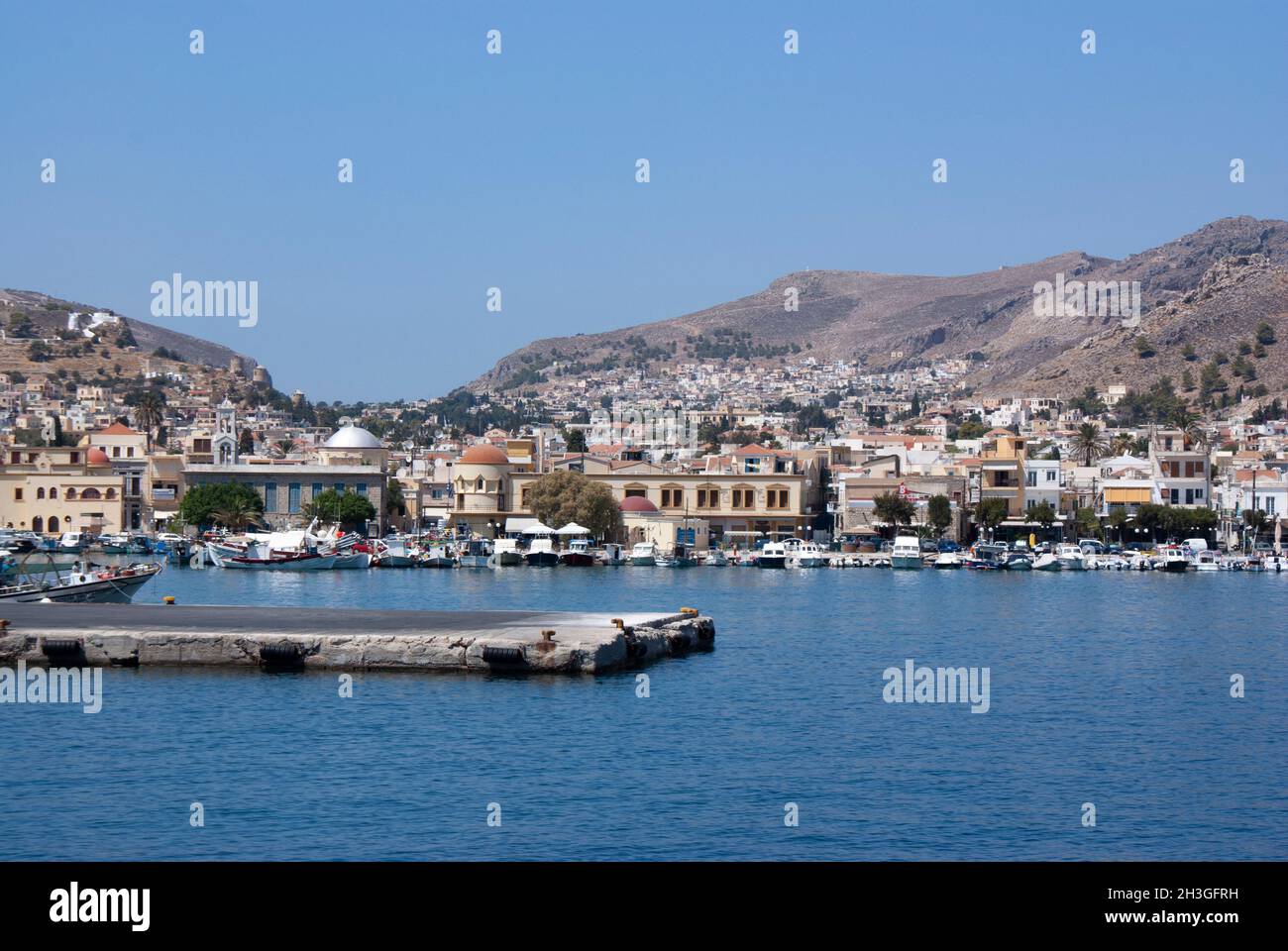 Kalymnos island Greece View of the beautiful port of Pothia High angle ...