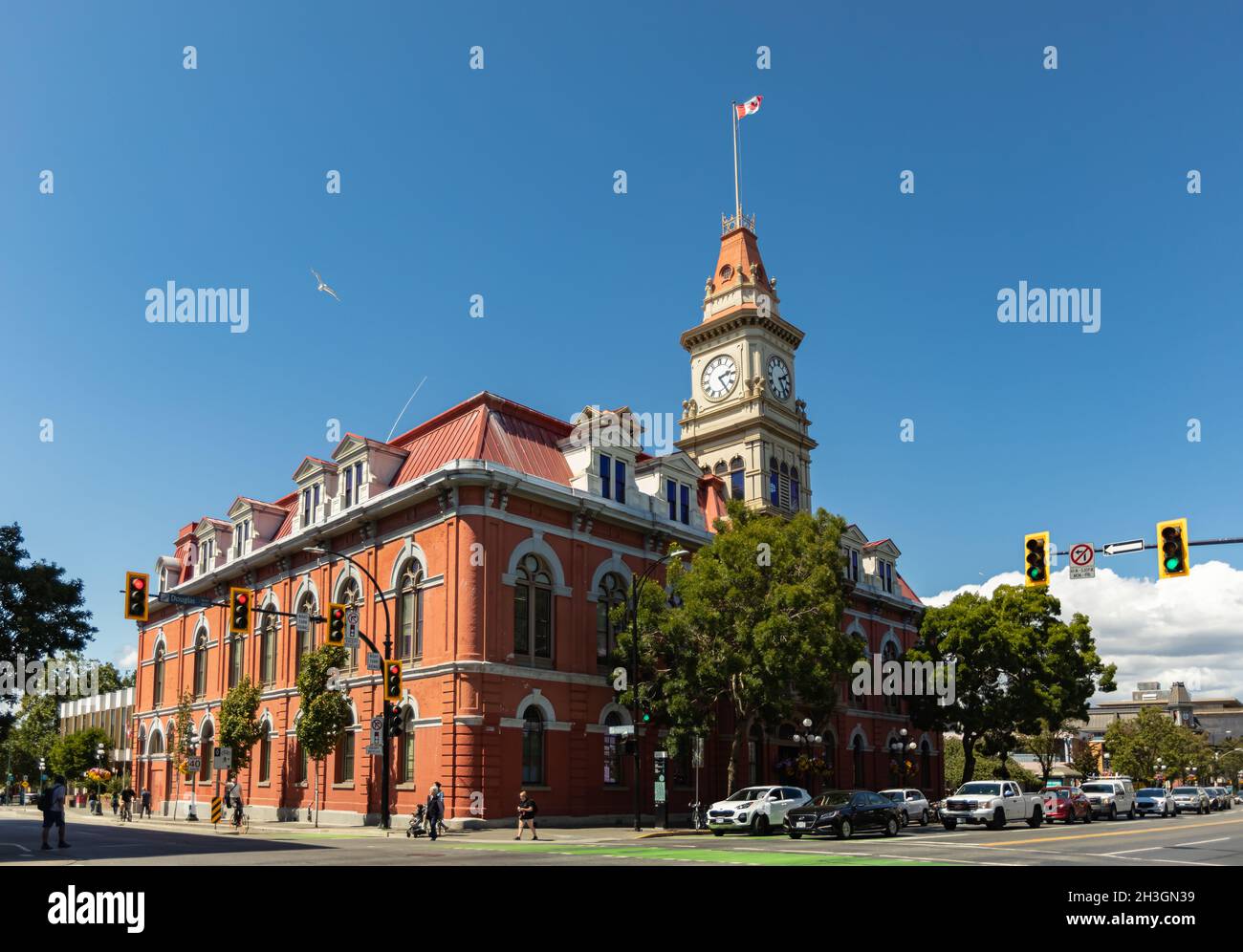 Victoria City Hall facade in capital of British Columbia, Canada. City Hall is a landmark in Victoria's Old Town District. Street photo, travel photo, Stock Photo