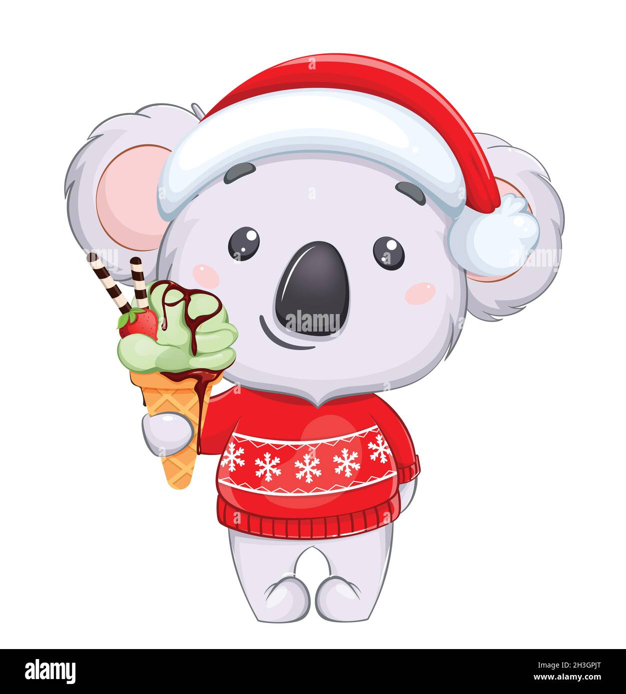 Merry Christmas and Happy New Year. Funny koala in Santa hat and red sweater holding ice-cream. Cute cartoon character. Stock vector illustration Stock Vector