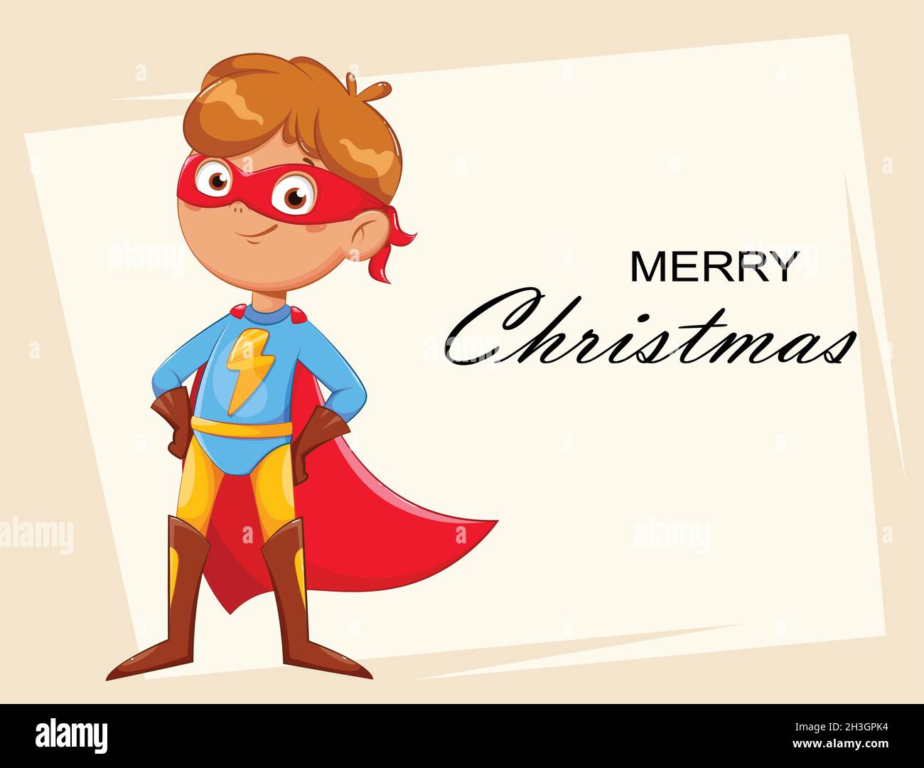 Merry Christmas greeting card. Boy in superhero costume. Cheerful little boy like super hero. Cute cartoon character. Stock vector illustration Stock Vector