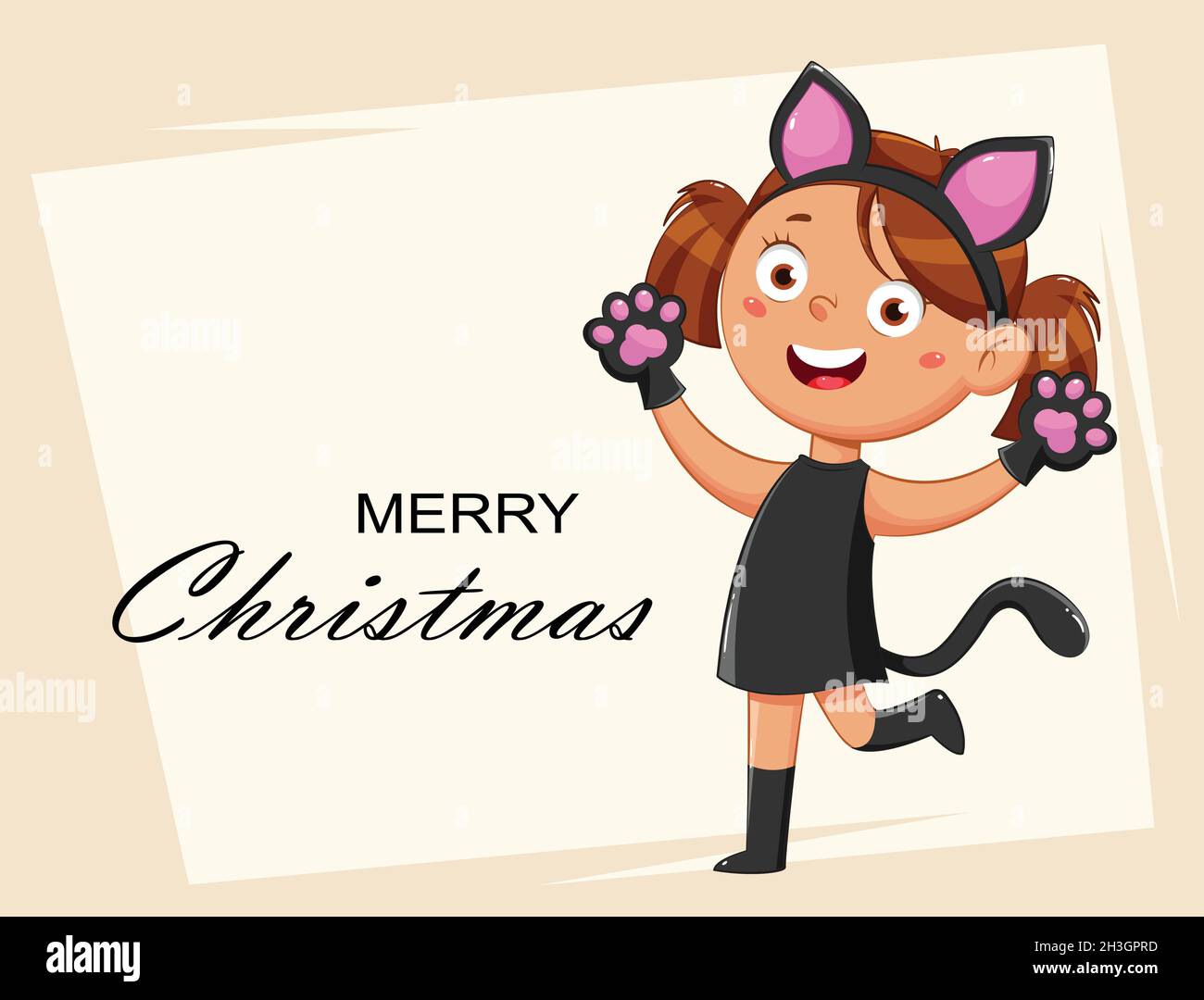 Merry Christmas. Smiling girl in costume of kitten. Child in carnival costume, cute cartoon character. Stock vector illustration Stock Vector