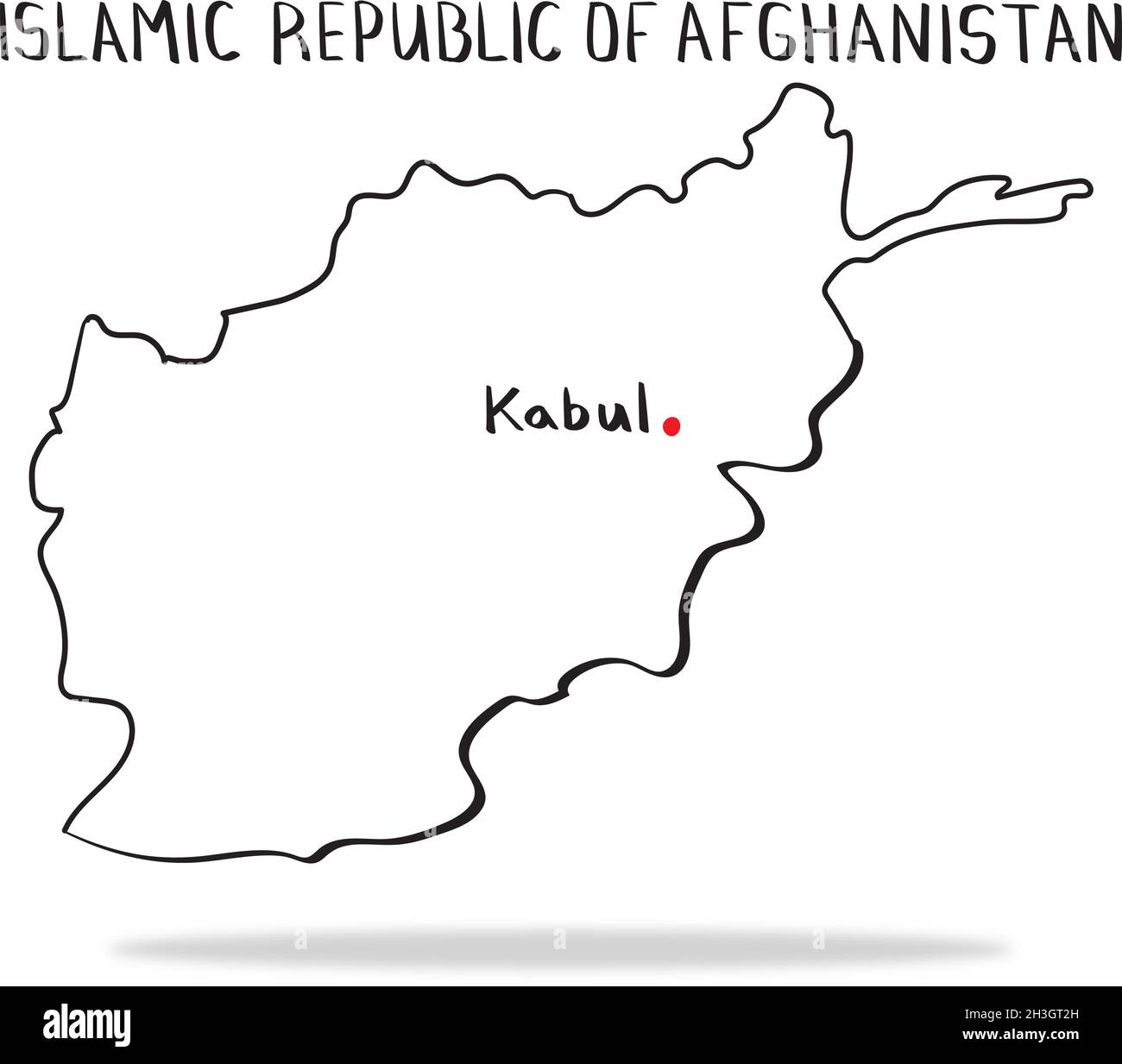 Hand drawn country map Islamic Republic of Afghanistan with capital