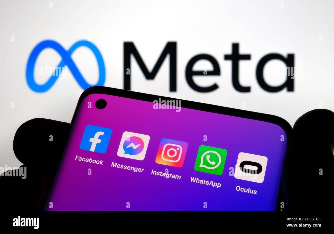 Silhouette of smartphone with Facebook, Messenger, whatsApp, Instagram,  Oculus apps and blurred META company logo on the background. META is a new  Fac Stock Photo - Alamy