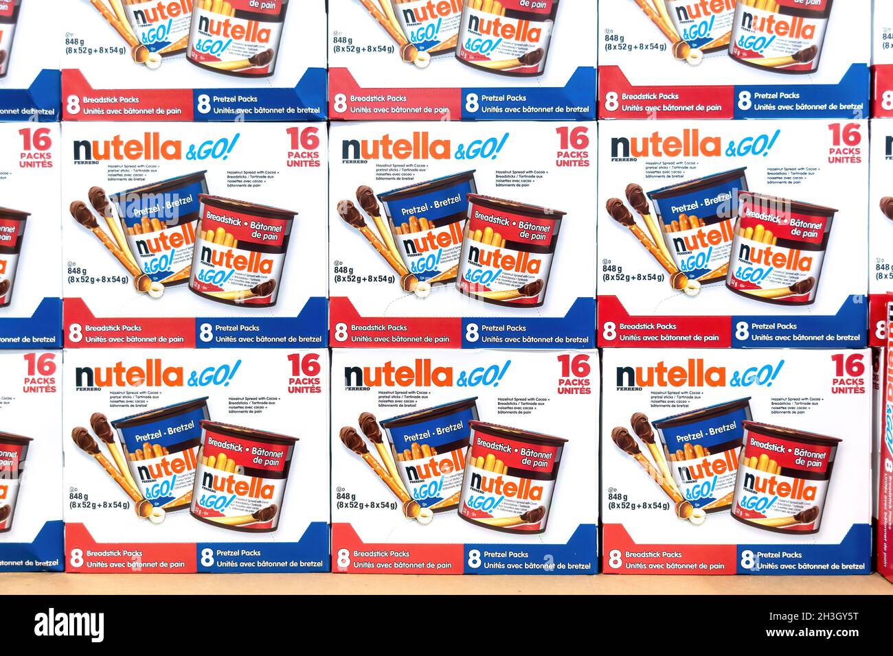 Toronto, Ontario, Canada-October 20, 2019: Nutella boxes on display in a  retail store. The product has a good demand in most Canadian stores. Stock Photo