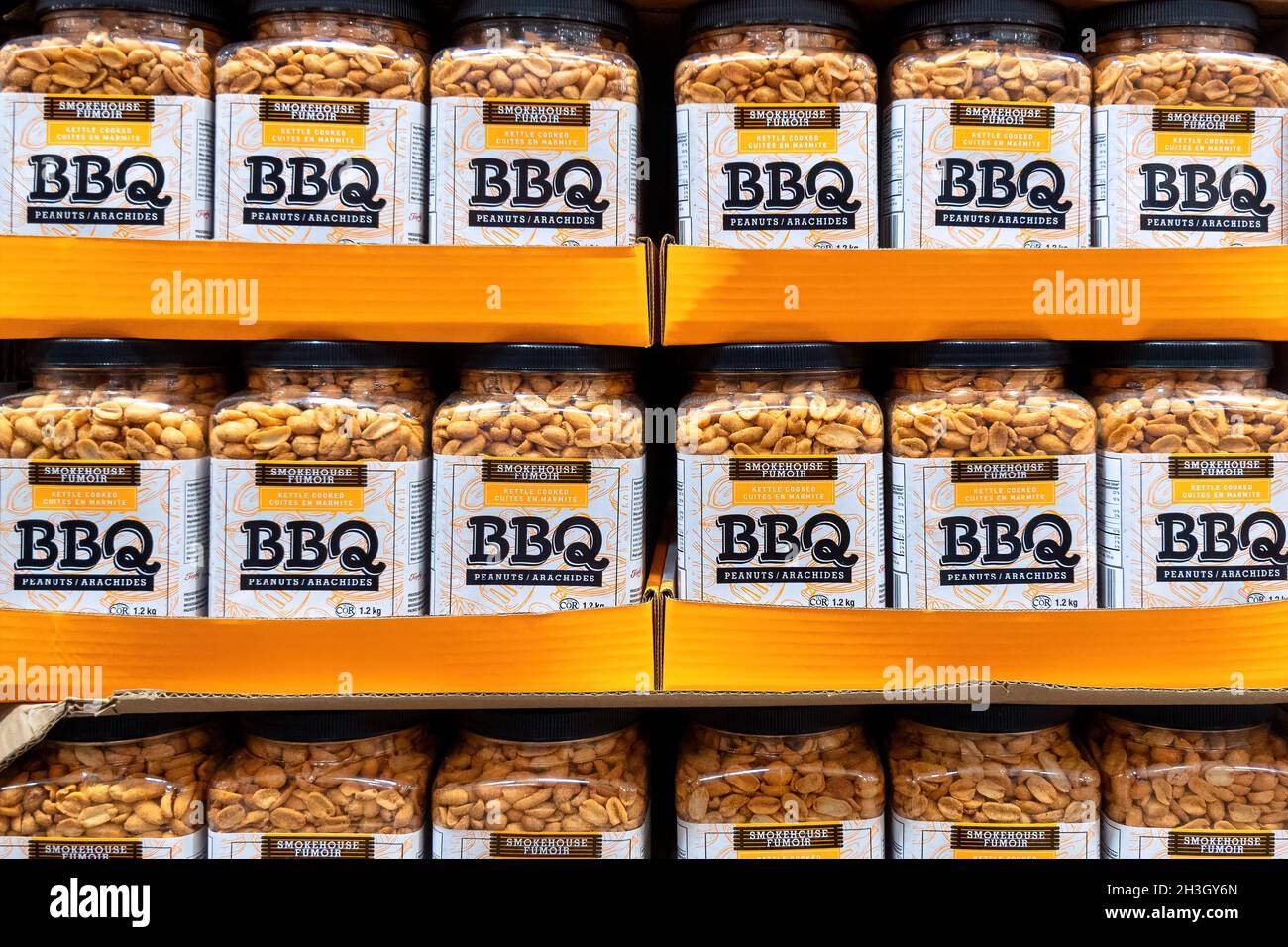Toronto, Ontario, Canada-October 20, 2019: BBQ peanuts bottles on display in a retail store. The product has a good demand in most Canadian stores. Stock Photo