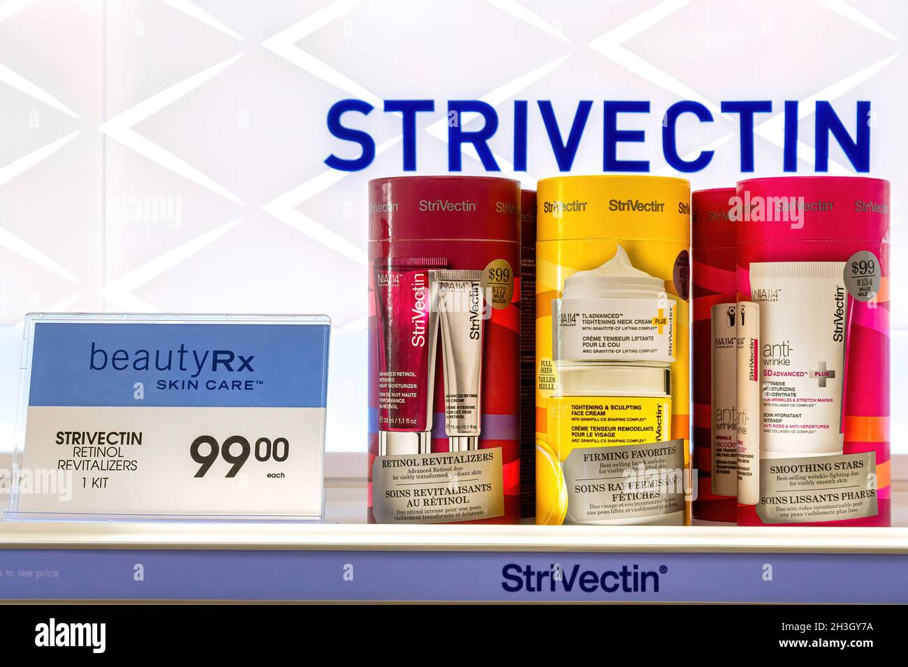 Toronto, Ontario, Canada-October 20, 2019: Boxes with Strivectin products inside. They are on exhibition at a beauty counter. The product has a good d Stock Photo