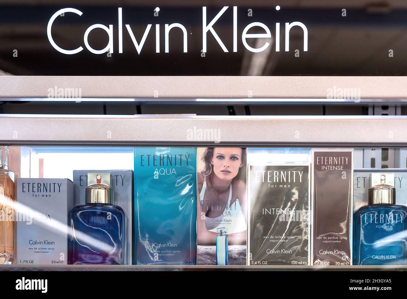 Toronto, Ontario, Canada-October 20, 2019: Calvin Klein products on display in a beauty counter of a retail store. The product has a good demand in mo Stock Photo