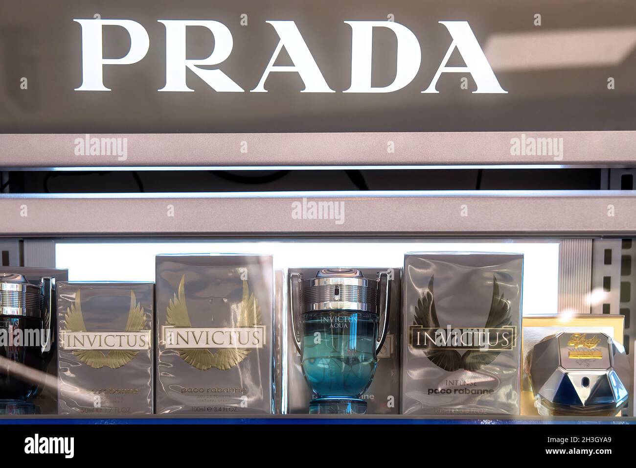 Toronto, Ontario, Canada-October 20, 2019: Prada products on display in a  retail store. The product has a good demand in most Canadian stores. Stock Photo
