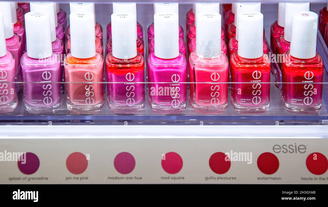 Toronto, Ontario, Canada-October 20, 2019: Bottles of Essie nail polish on display at a retail store. The product has a good demand in most Canadian s Stock Photo