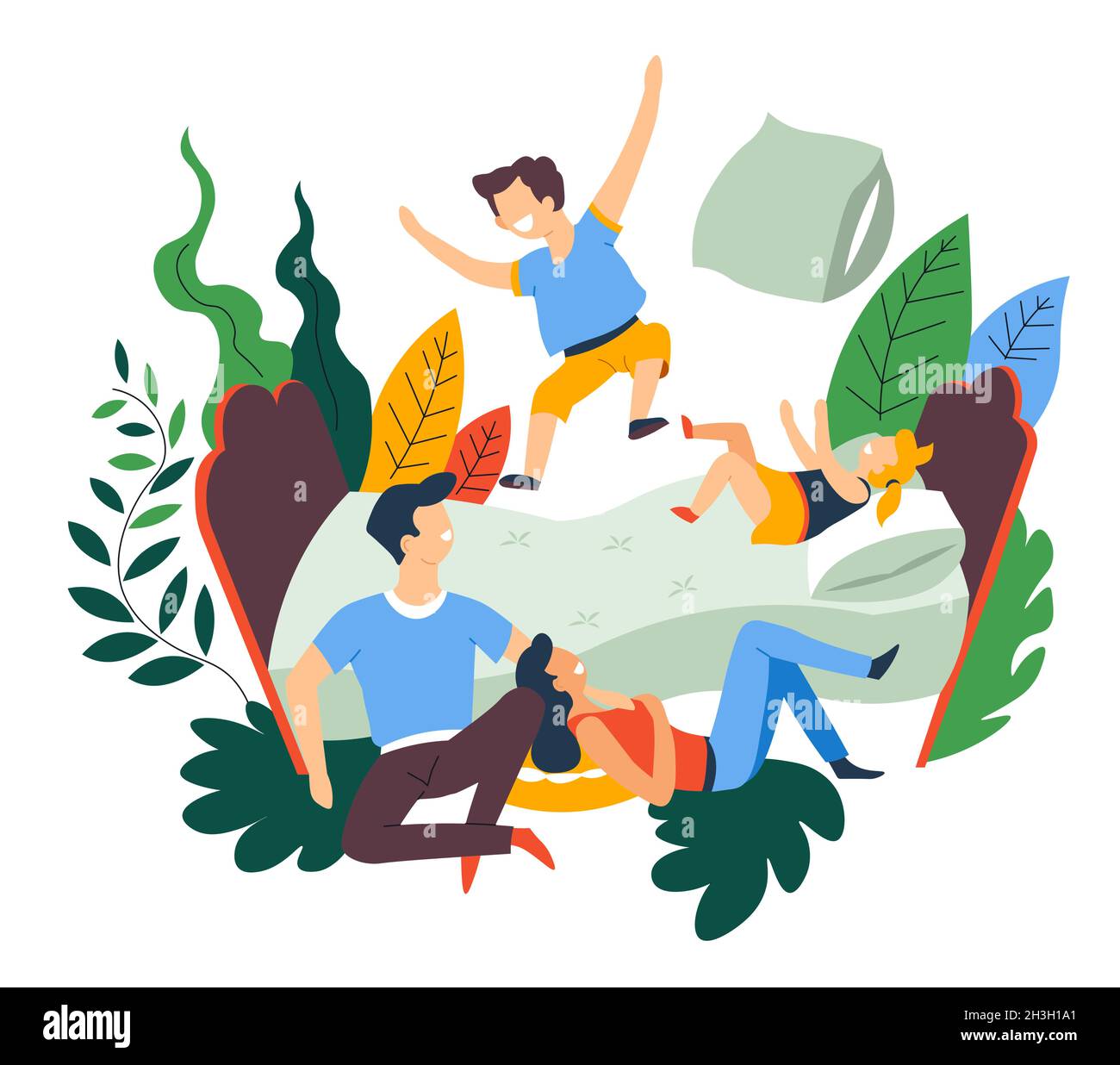 Family leisure pastime pillow fight and jumping on bed Stock Vector