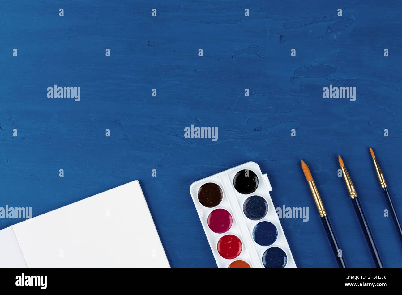 Blue paint brushes on classic blue background, view from above Stock ...