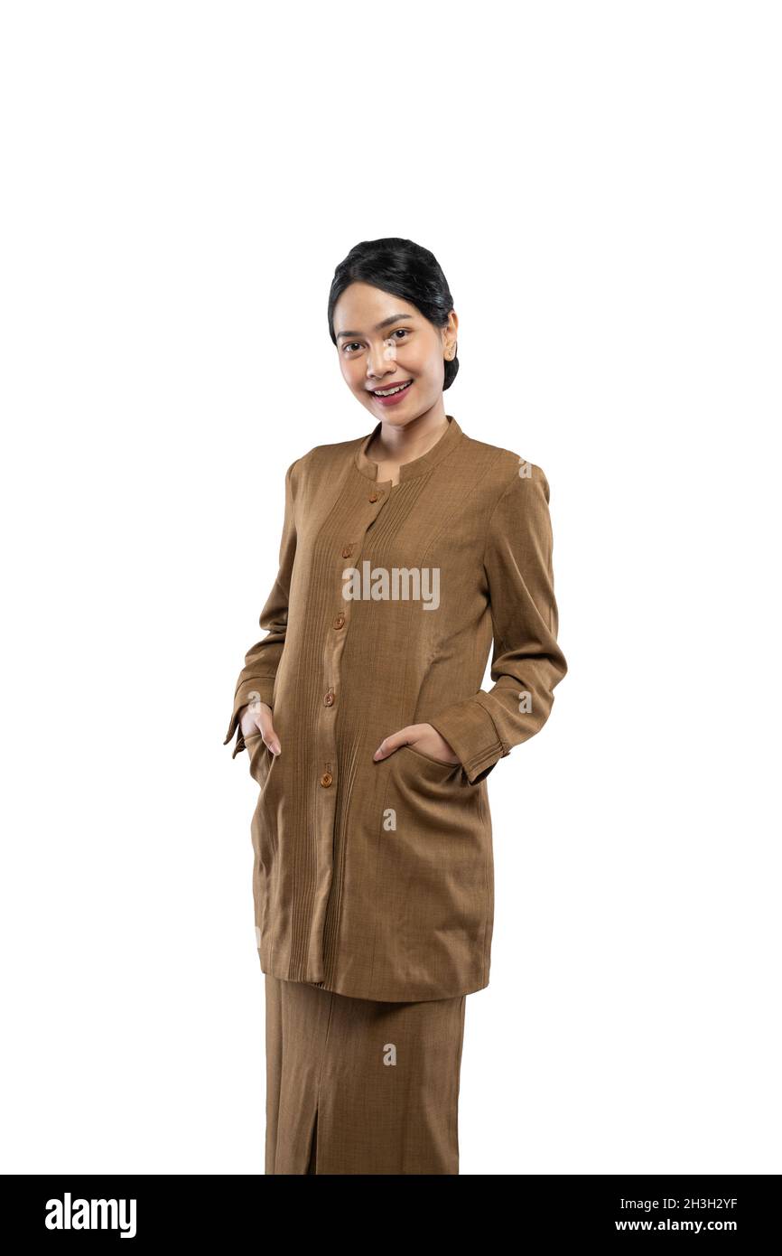 Beautiful civil servant woman smiling wearing uniform while standing