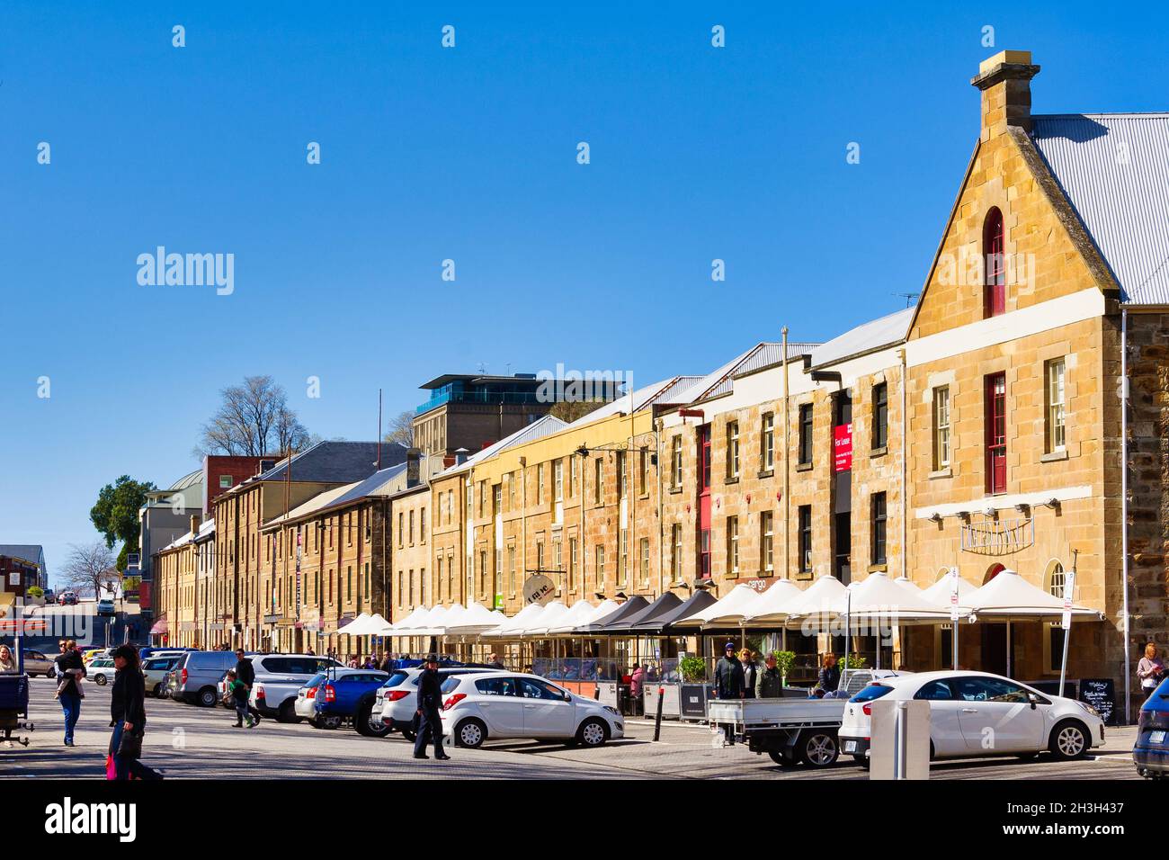 These sandstone buildings in Salamanca Place to be warehouses for the port of Hobart - Hobart, Tasmania, Australia Stock Photo