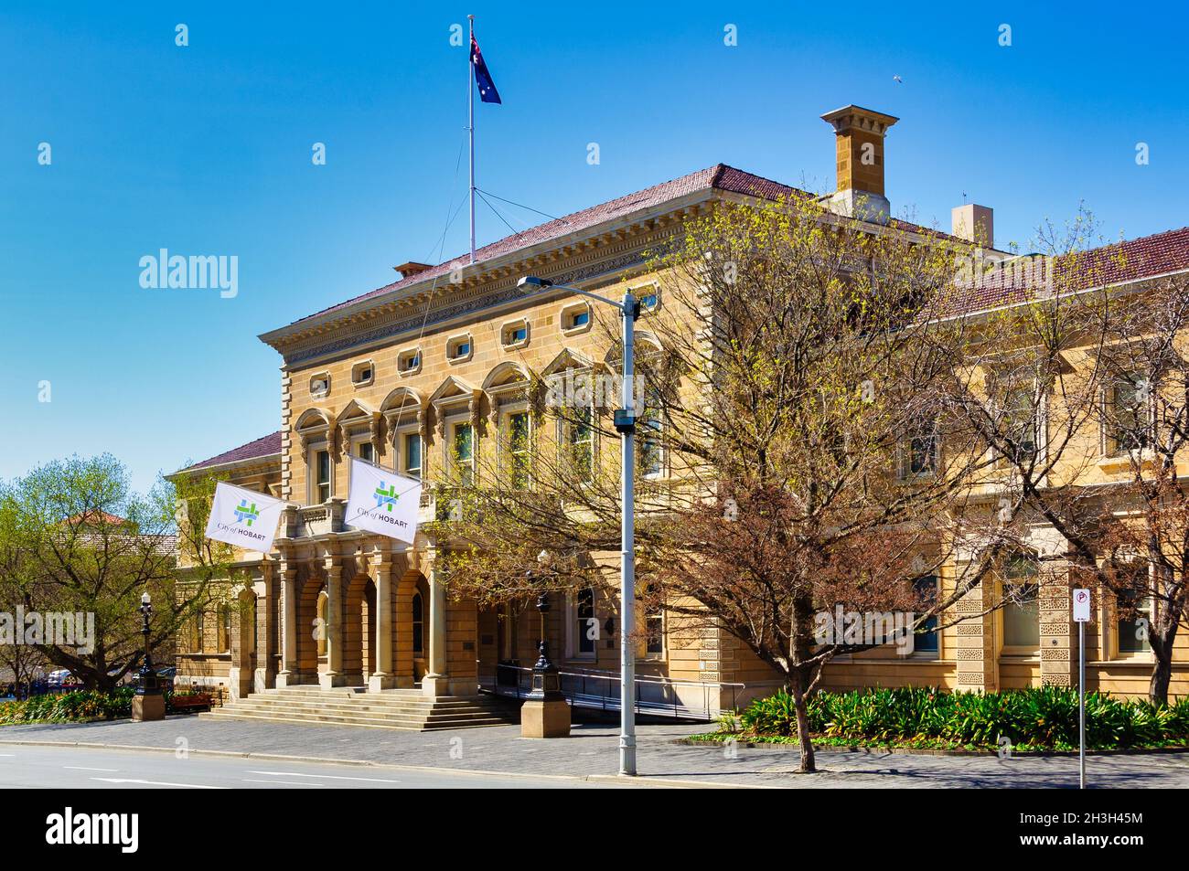 The landmark sandstone building of Hobart Town Hall on Macquarie Street - Hobart, Tasmania, Australia Stock Photo