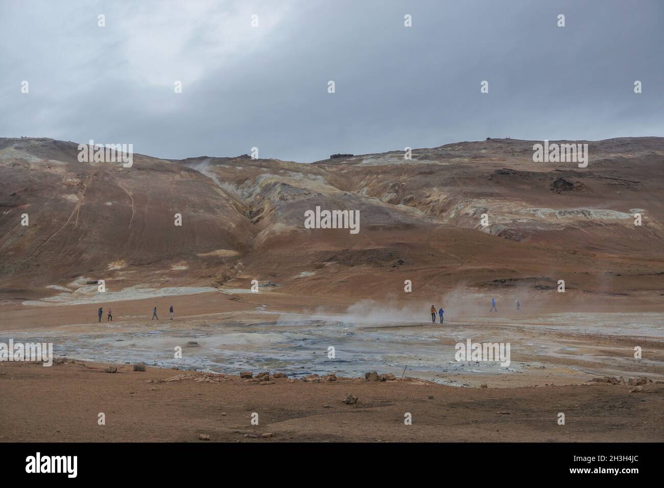 Myvatn Region, Iceland: Namafjall (also known as Hverir) is a high-temperature geothermal area with boiling mud pots and steaming fumaroles. Stock Photo