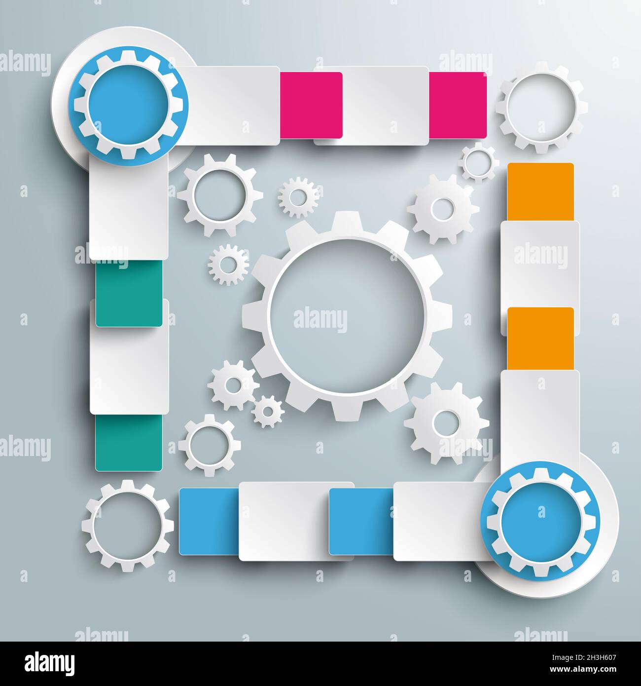 Big Quadrat White Gears Four Colored Batch Rectangles PiAd Stock Photo
