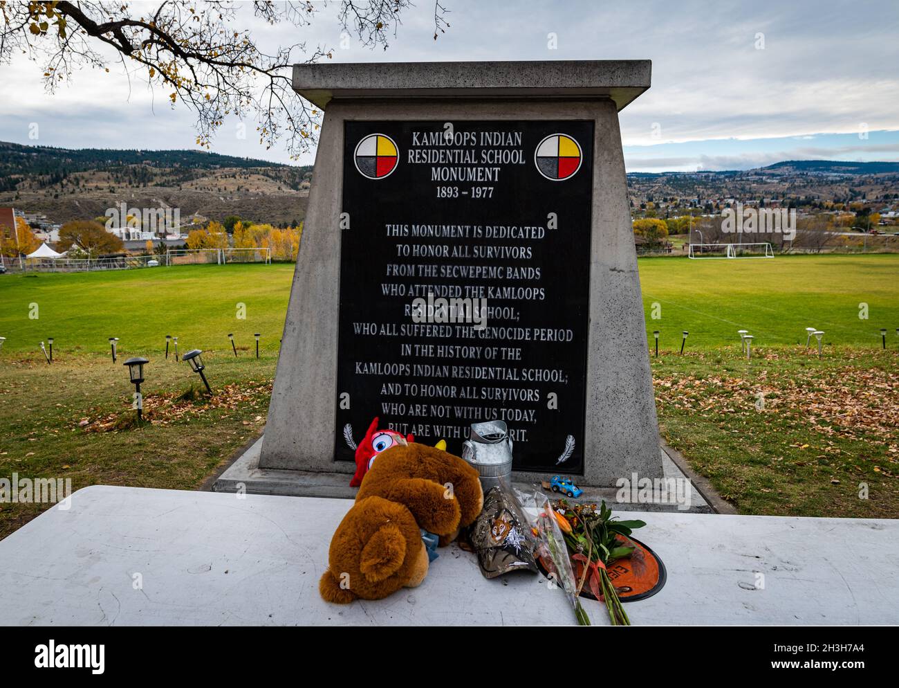 Monument with names at the Kamloops Residential Indian School. The remains of over 200 children are believed to be buried on site in unmarked graves. Stock Photo