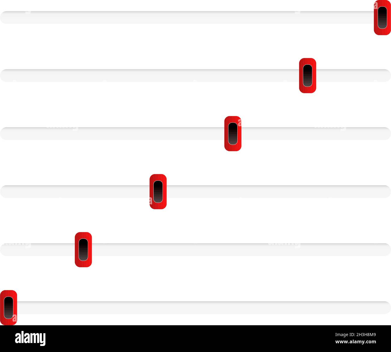 Adjuster, slider, tuner, fader bars with levers, knobs stock vector