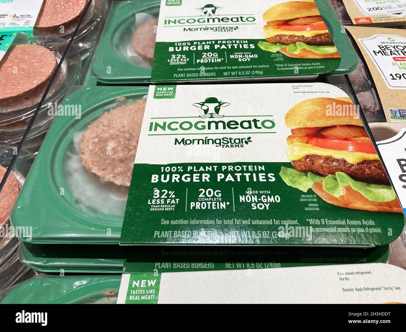 Incogmeato burger patties by MorningStar Farms in refrigerator section of the meat department of