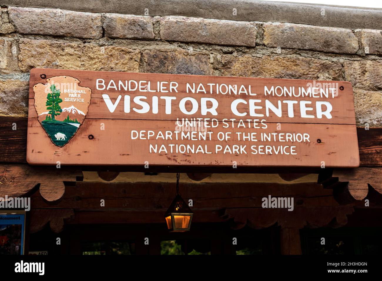Bandelier National Monument visitor center sign with National Park