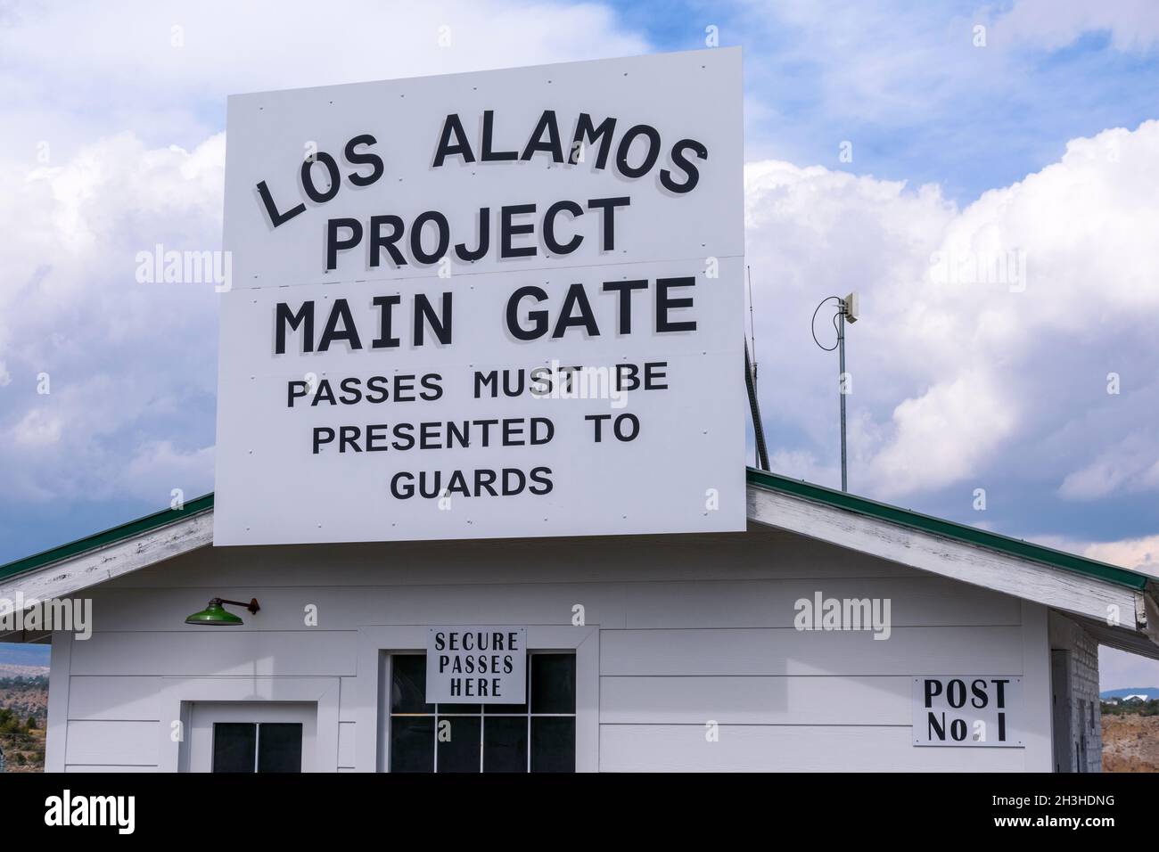 Los Alamos Project Main Gate sign on historic building Los Alamos, New Mexico, USA 2021