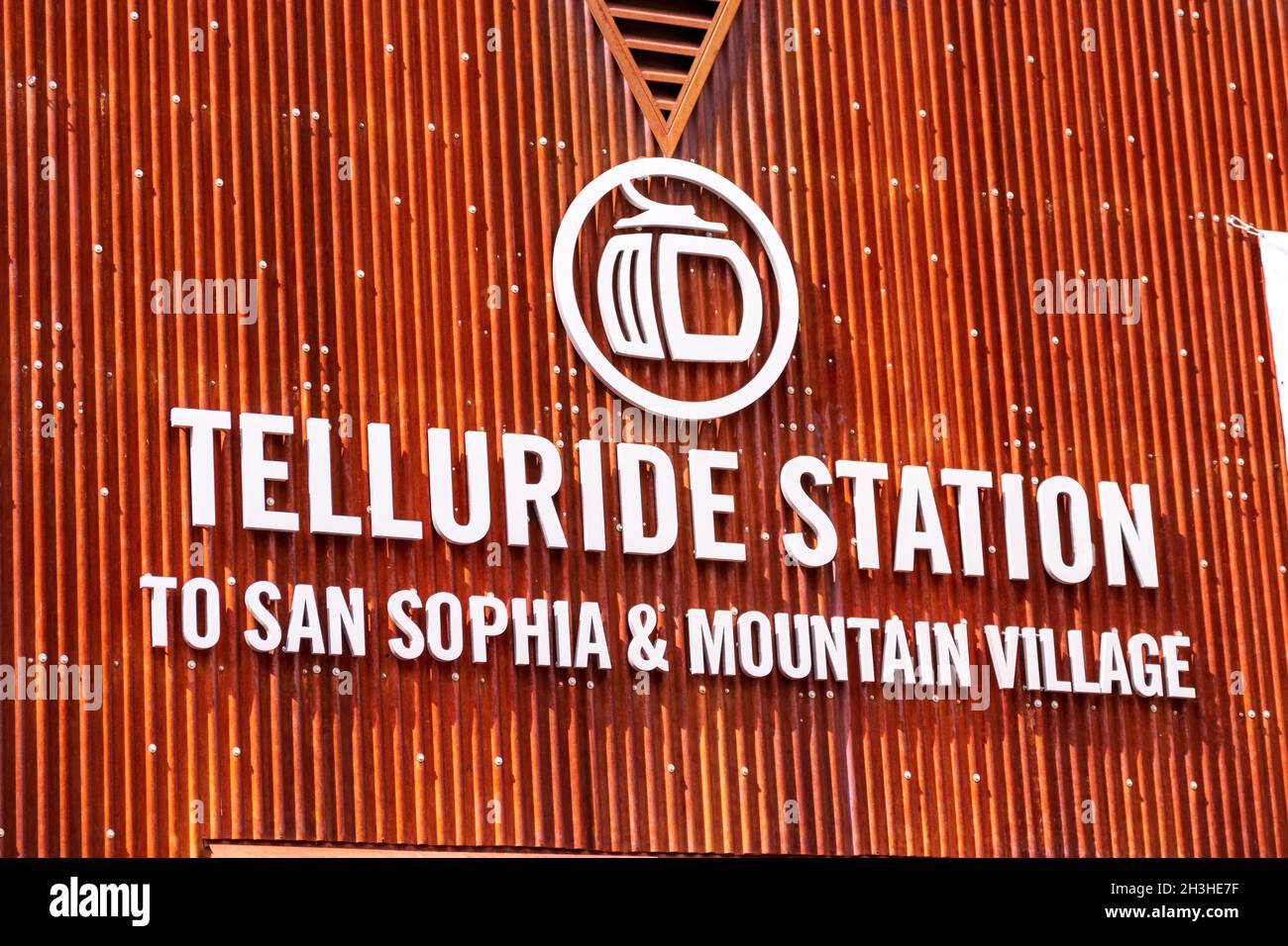 Telluride station to San Sophia and Mountain Village sign on free gondola station - Telluride, Colorado, USA - 2021 Stock Photo