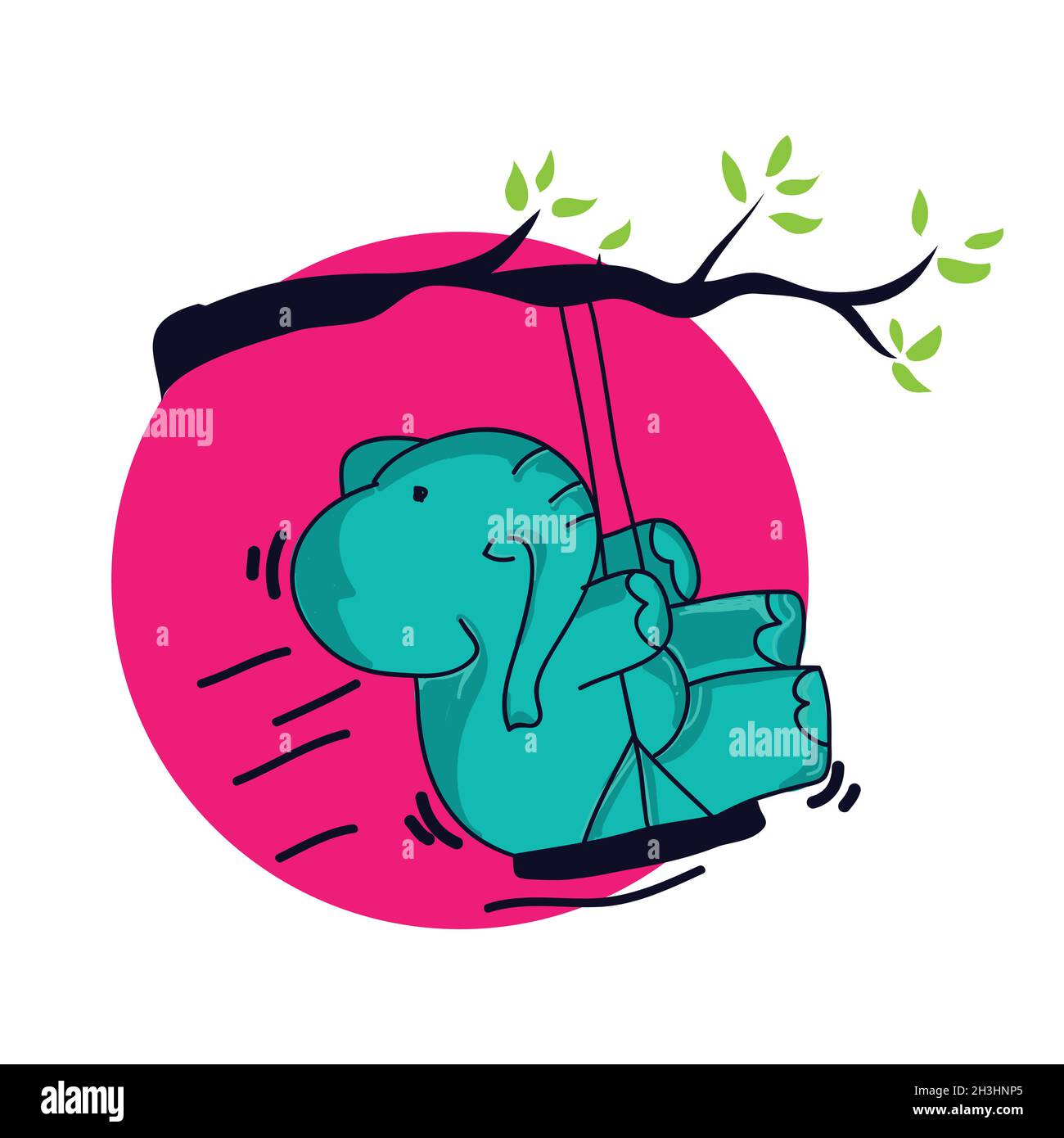 Coloring book for kids and adults decorative cartoon elephant. Vector cute baby elephant play swing. Vector illustration EPS.8 EPS.10 Stock Vector