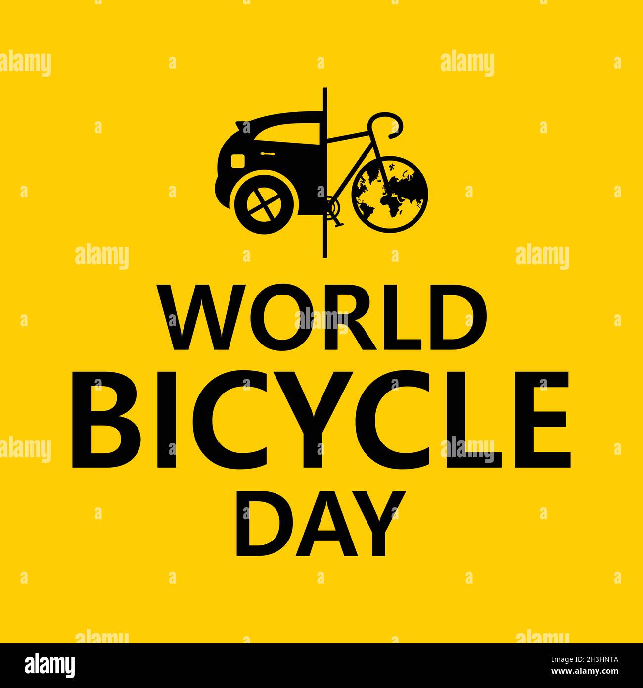 Letter World Bicycle Day on June 3 with world map. Bicycle as a symbol