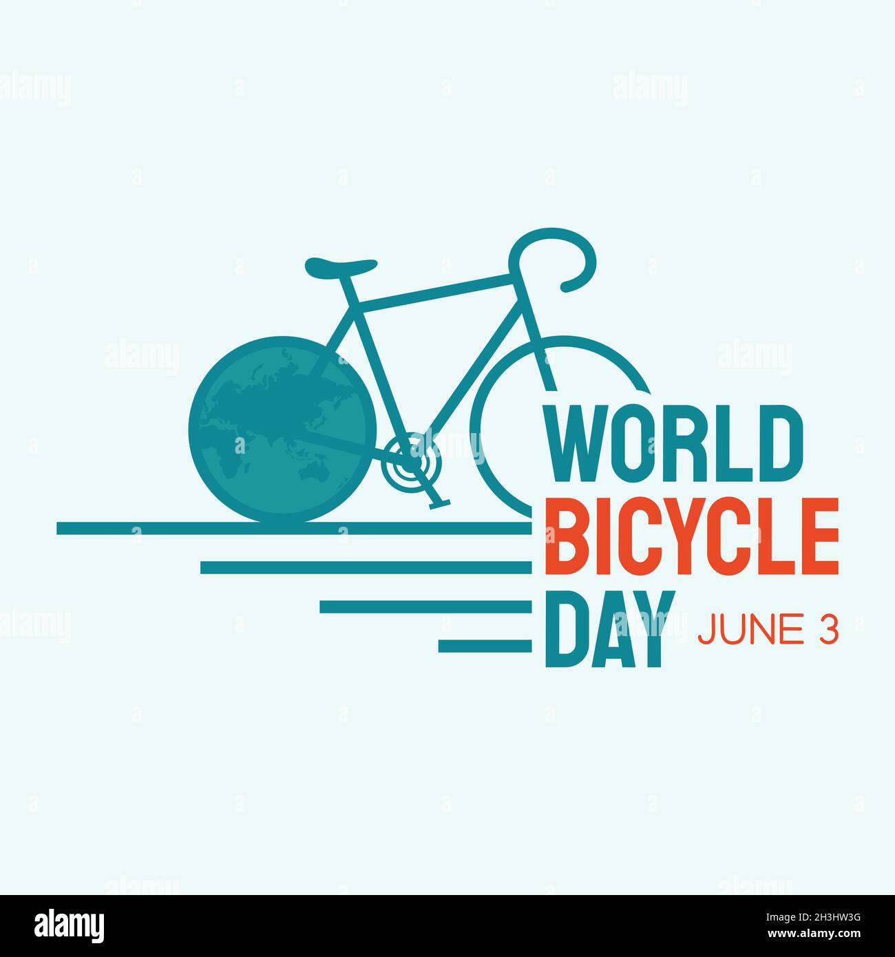 Letter World Bicycle Day on June 3 with world map. Bicycle as a symbol