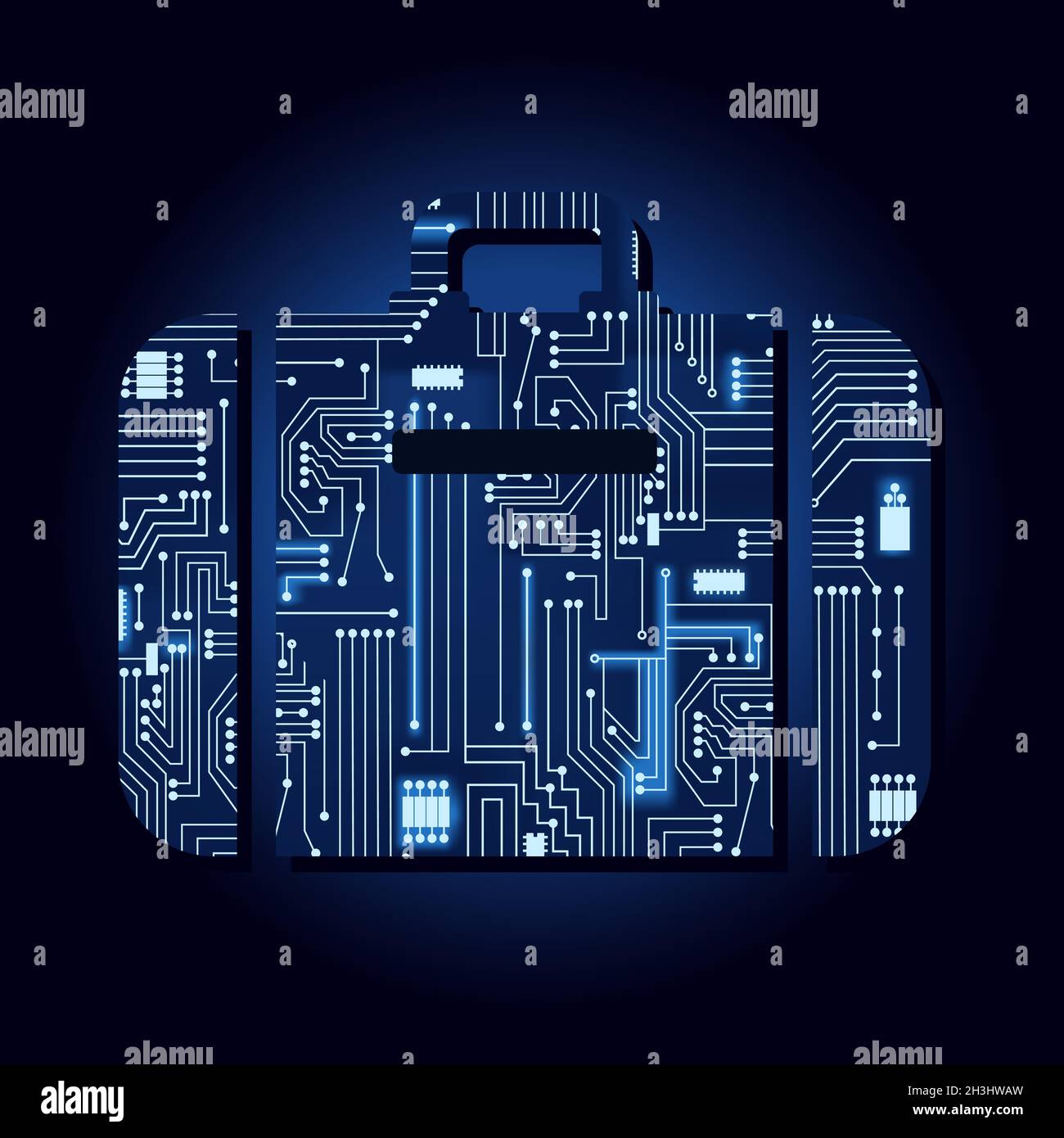 Suitcase symbol with a technological electronics circuit. Blue background. Stock Vector