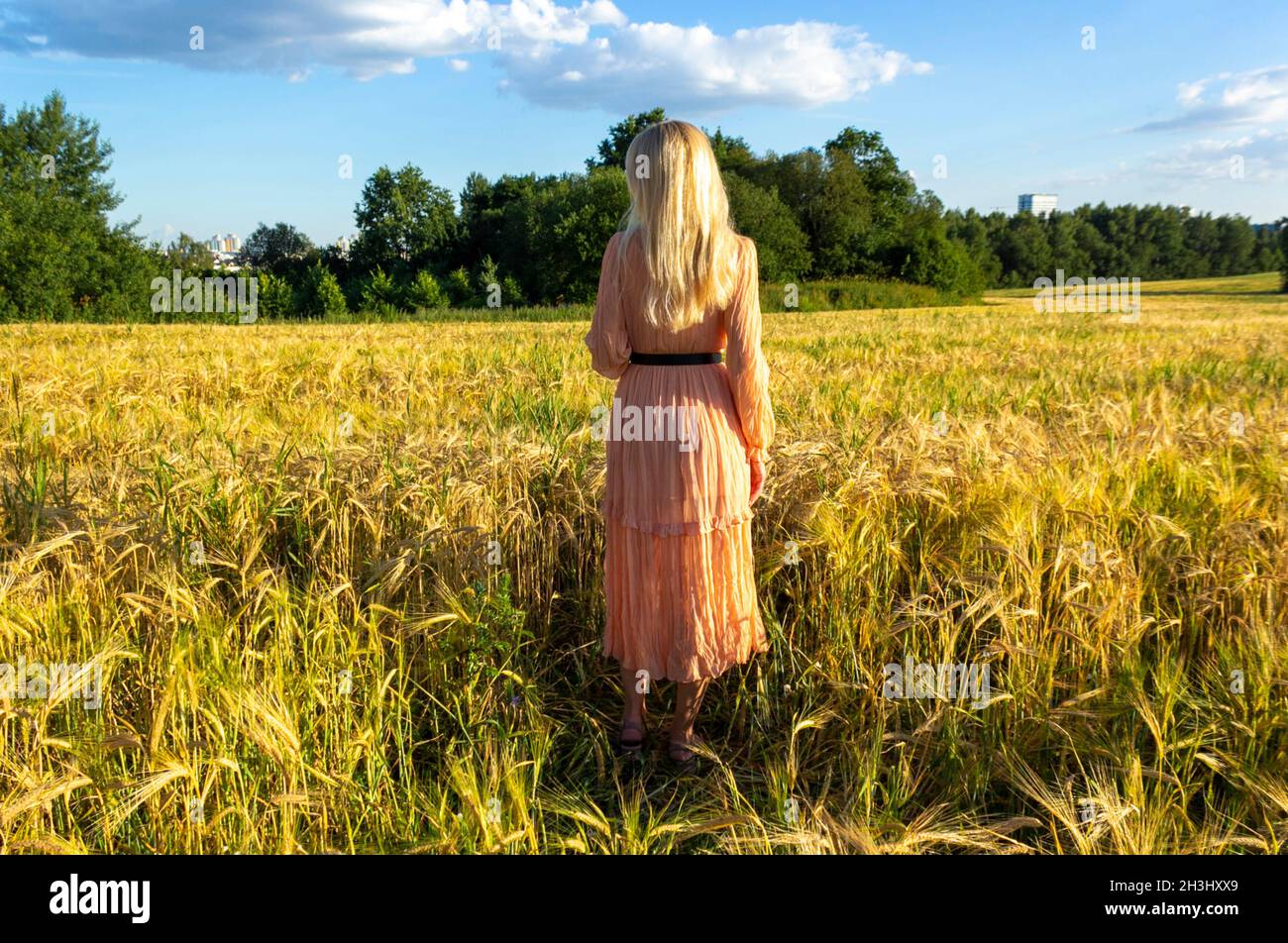 Blonde girl in a wheat field. Clear blue sky Stock Photo - Alamy