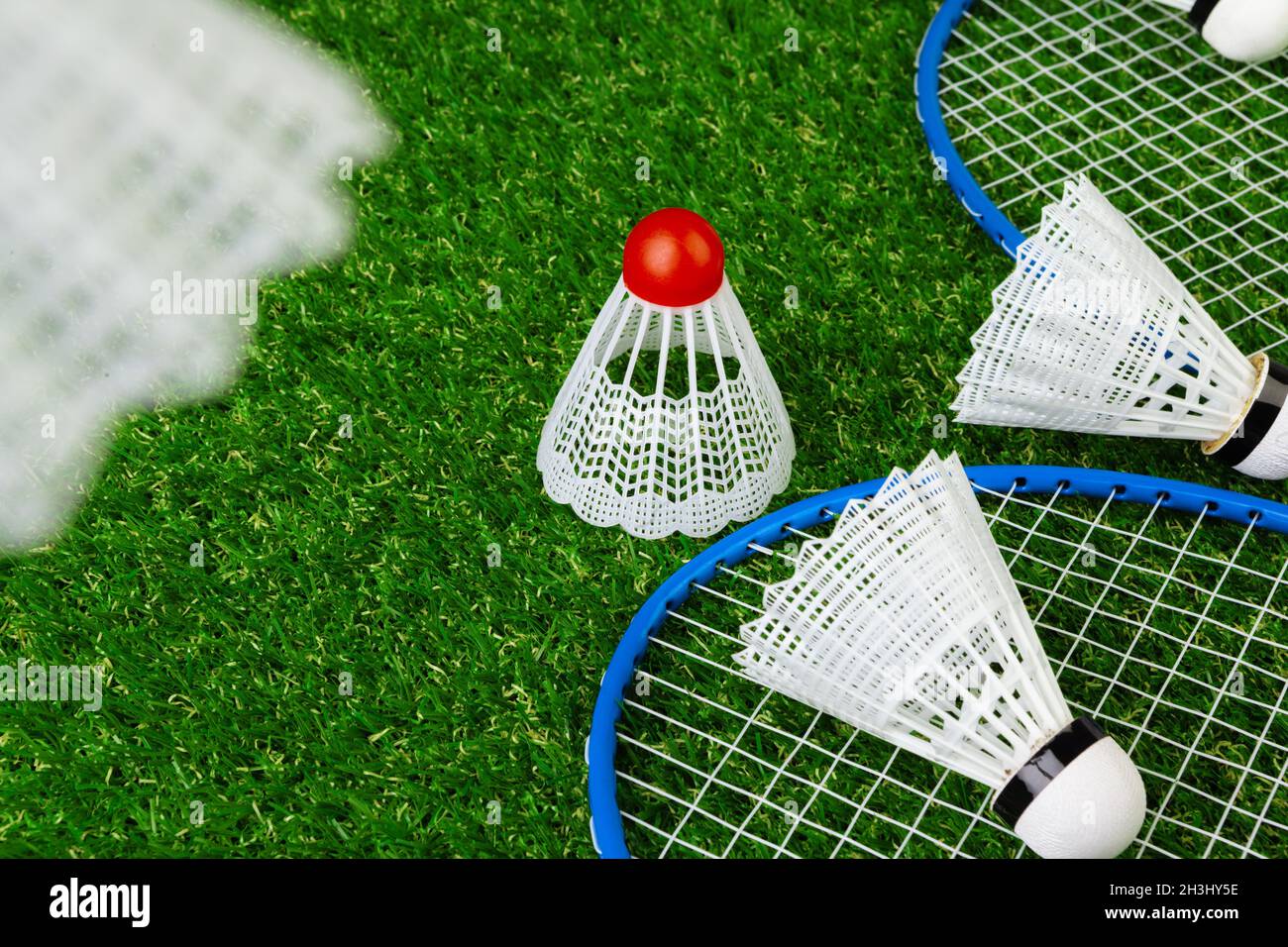 Badminton game rackets and shuttlecock on grass Stock Photo Alamy