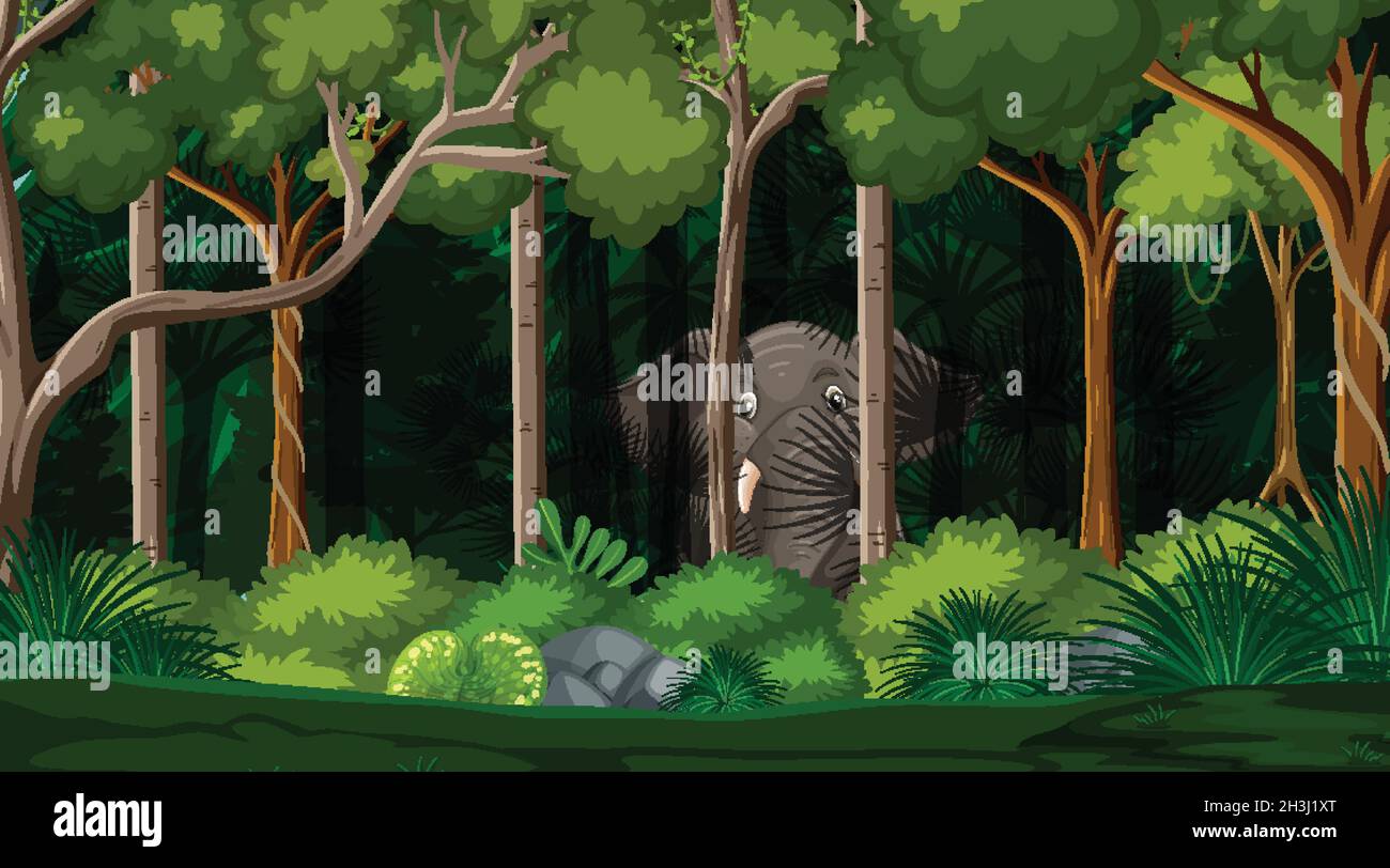 Wild animals in forest landscape background illustration Stock Vector ...