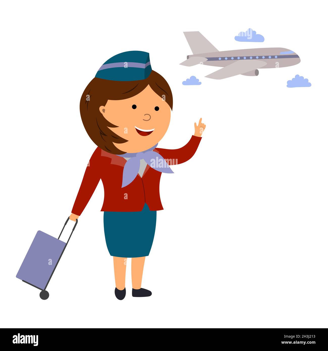 illustration of a flight attendant and an airplane, vector isolated on a white background. Stock Vector