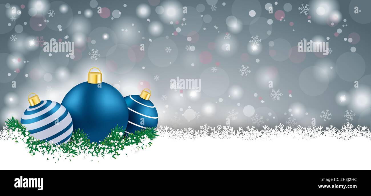 Long Gray Christmas Card Blue Baubles Stock Photo