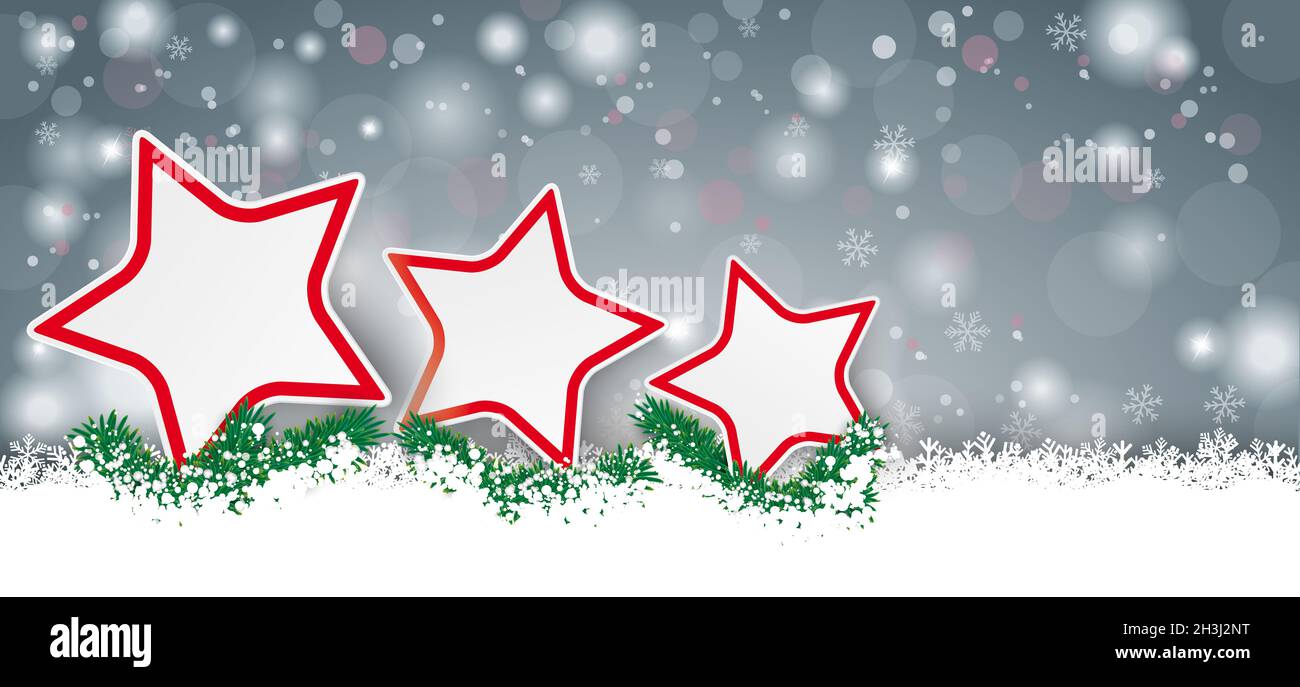 Long Gray Christmas Card 3 Red Stars Stock Photo