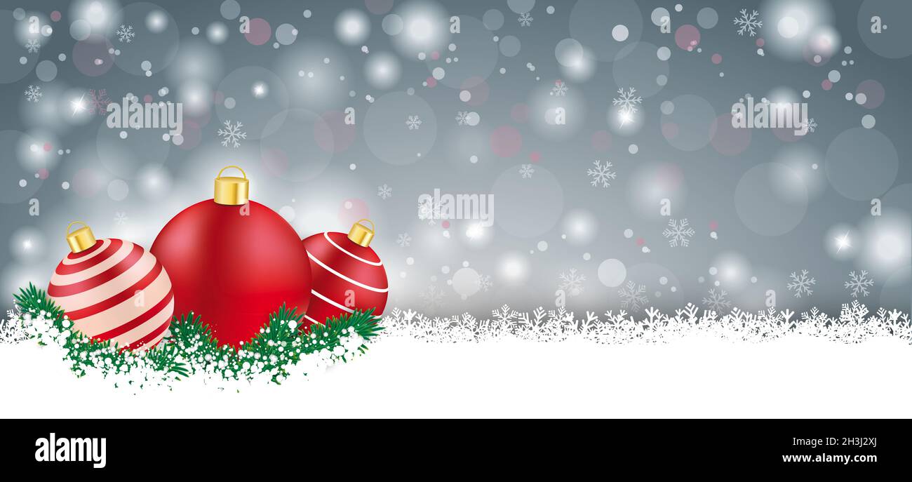 Long Gray Christmas Card Red Baubles Stock Photo