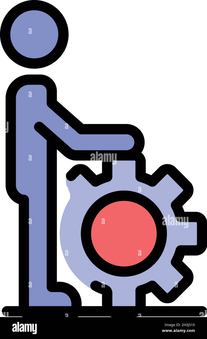 Man take gear wheel icon. Outline man take gear wheel vector icon color flat isolated Stock Vector