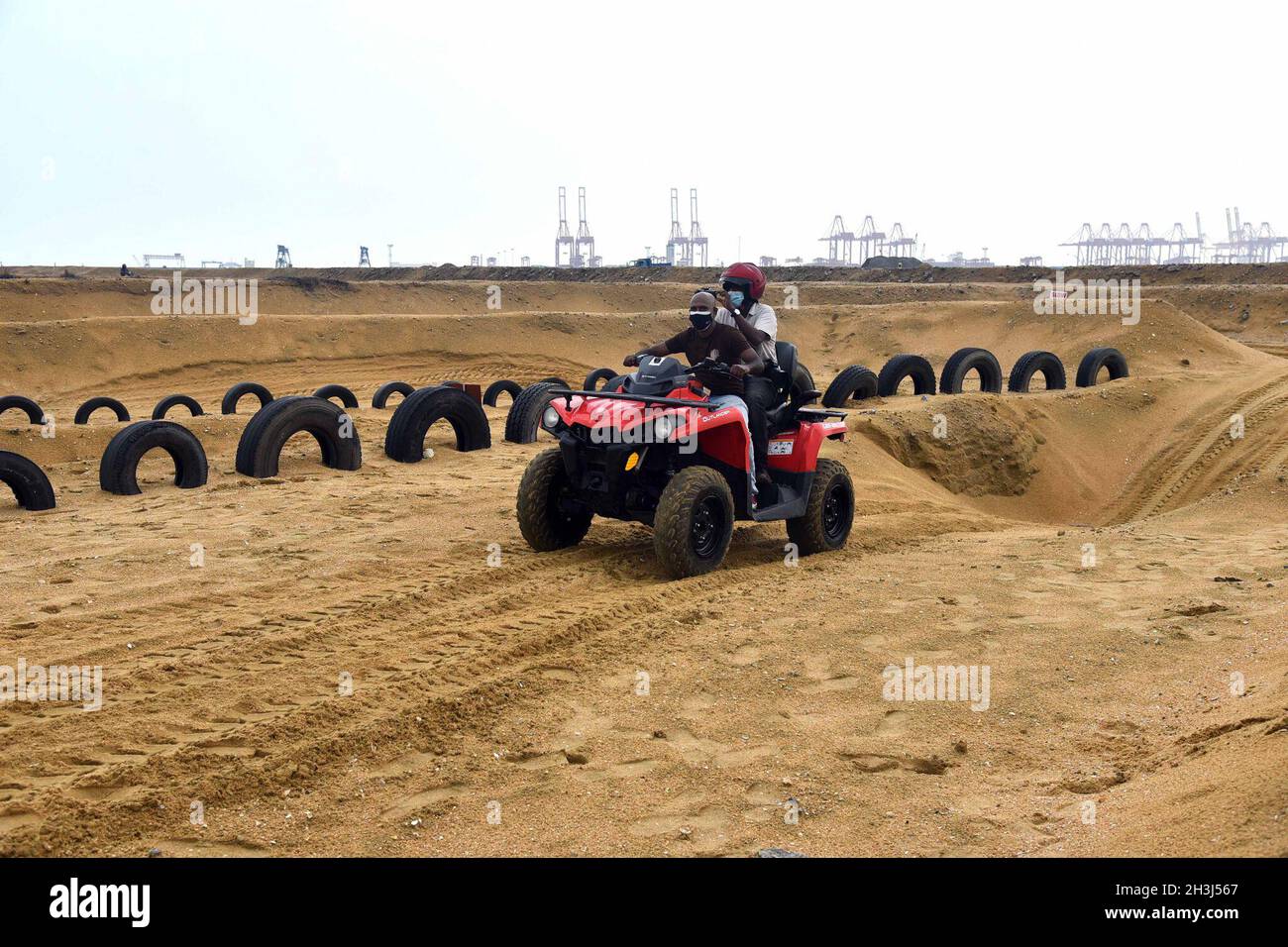 Colombo, Sri Lanka. 28th Oct, 2021. Two men drive on the track at the  ALL-Terrain Vehicle (ATV) entertainment center in Colombo Port City, Sri  Lanka, Oct. 28, 2021. Sri Lanka's first sand-based