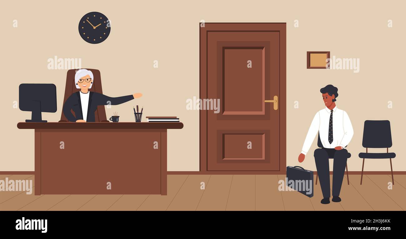 Office corridor on a cream background: reception with elderly secretary and waiting area with visitor on chair and wooden boards on floor.Door Stock Photo