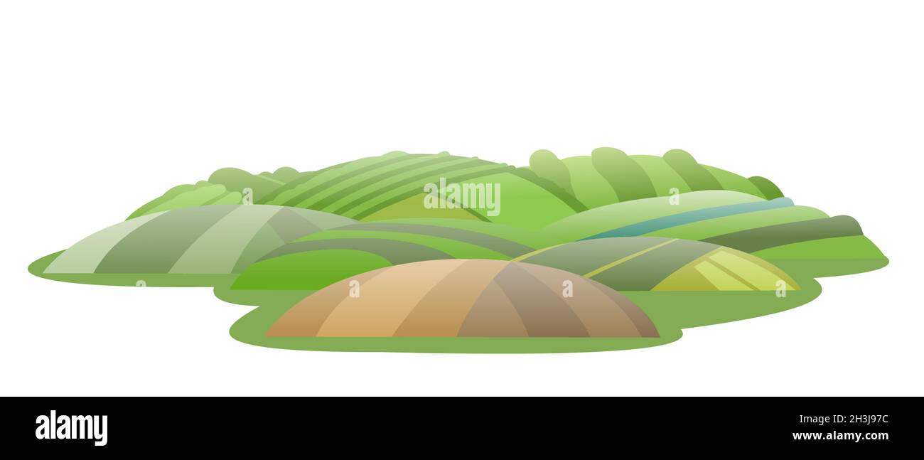Rural little hills. Farm cute landscape. Funny cartoon design illustration. Flat style. Isolated on white background. Vector. Stock Vector