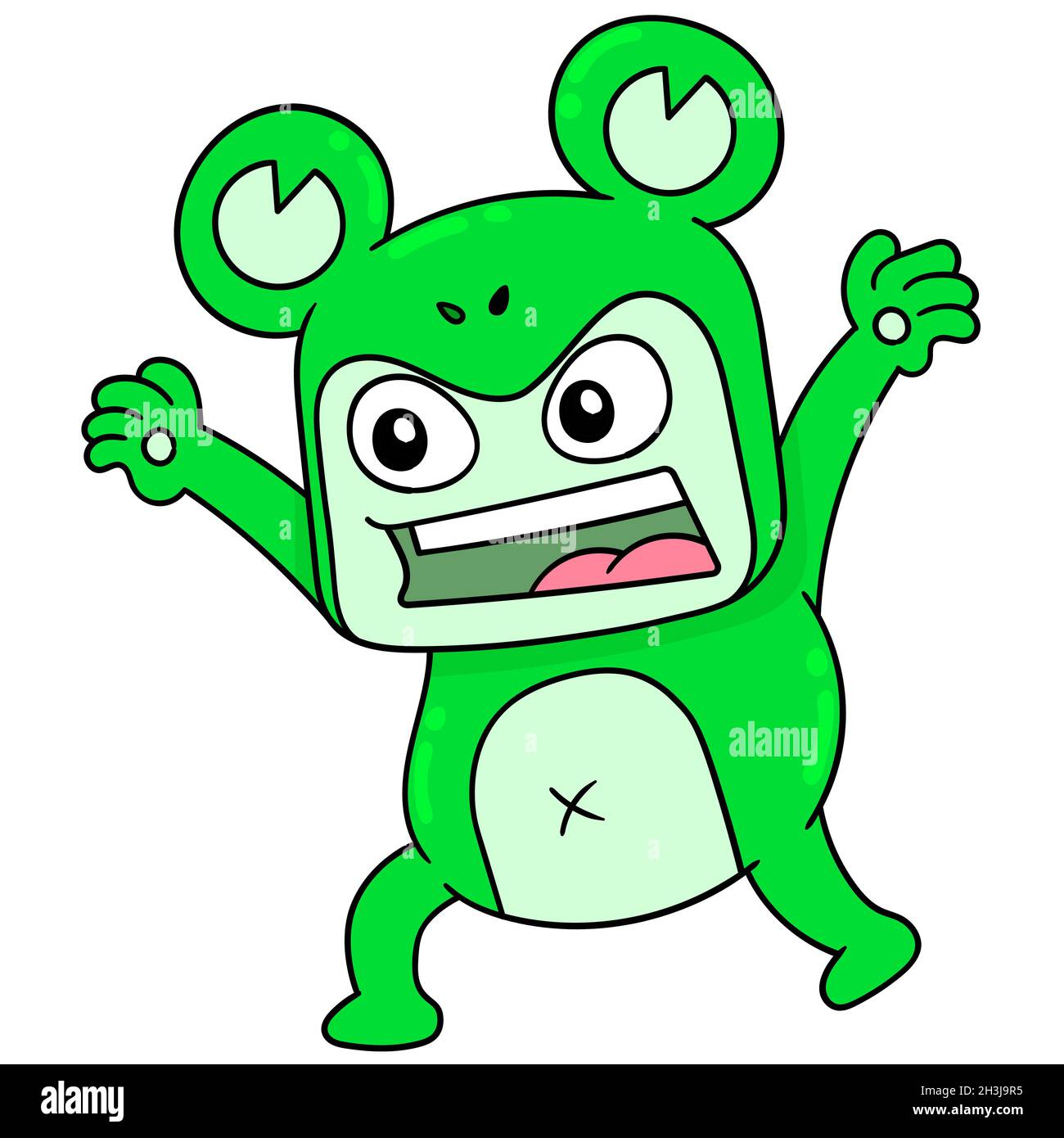 the human in the costume of a frog monster tries to frighten him Stock Vector
