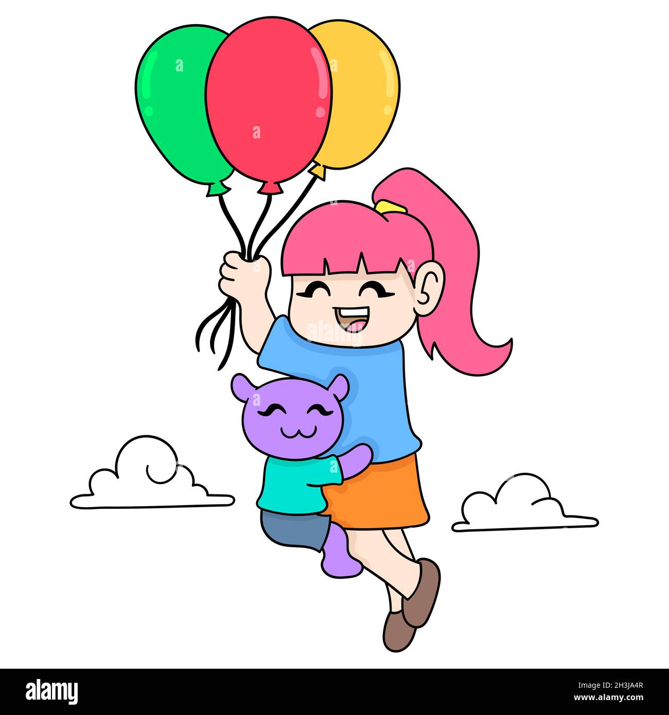 a girl is flying in a balloon hugging her pet Stock Vector