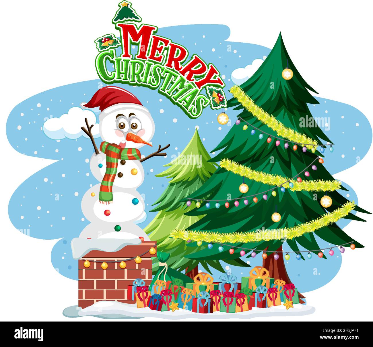 Merry Christmas text logo with Snowman and Christmas tree illustration
