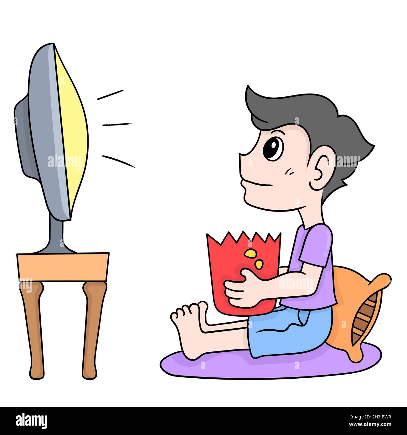 boy is in front of the tv watching movies by eating snacks Stock Vector