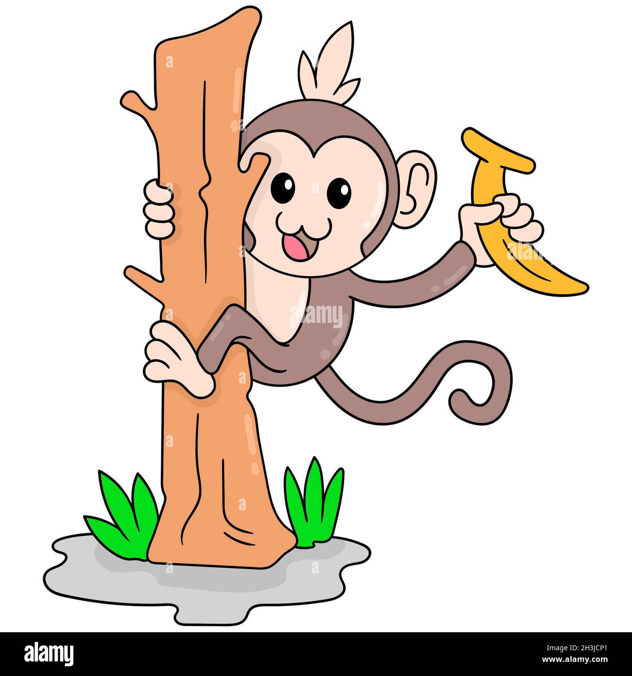 a cute monkey boy climbing a tree trunk picking up a banana Stock Vector  Image & Art - Alamy