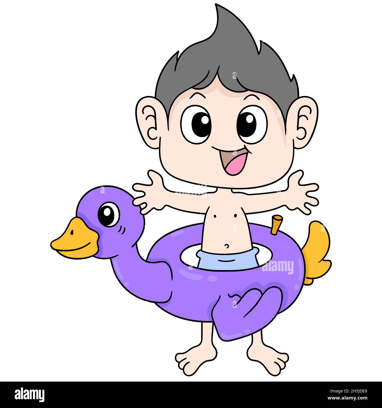 boy is using a duck balloon to swim during the holidays Stock Vector